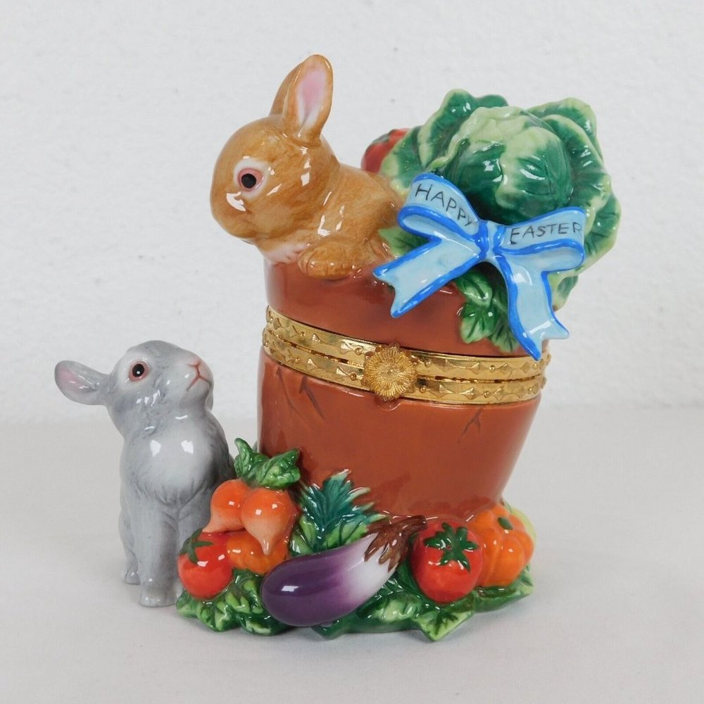 Happy Easter Bunnies Spring Vegetables Hinged Ceramic Trinket Box CWC 5.75" FLAW